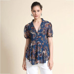 Women Teal Chiffon Paisley Flared Top