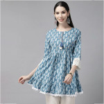 Women Blue & White Paisley Print Tunic with Lace Detail