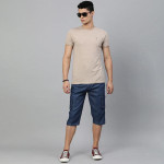 Men Navy Blue Solid Pure Cotton Denim 3/4th Cargo Shorts