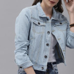 Women Blue Washed Cropped Denim Trucker Jacket