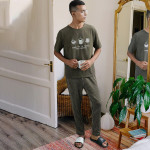 Men Khaki & Grey Pure Cotton Typography Print Pyjama Set