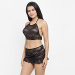 Women's Lace High Neck Crop Top Bra Short Skirt Underwear with G-String Set - Black