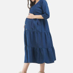 Blue Solid Maternity Midi Dress